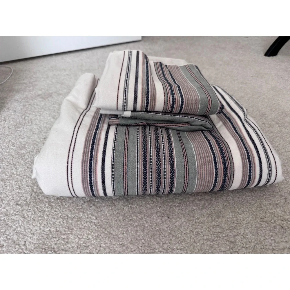 Pottery Barn Organic Cotton Striped Duvet Cover Set 2 Euro Shams Cream Sage Navy